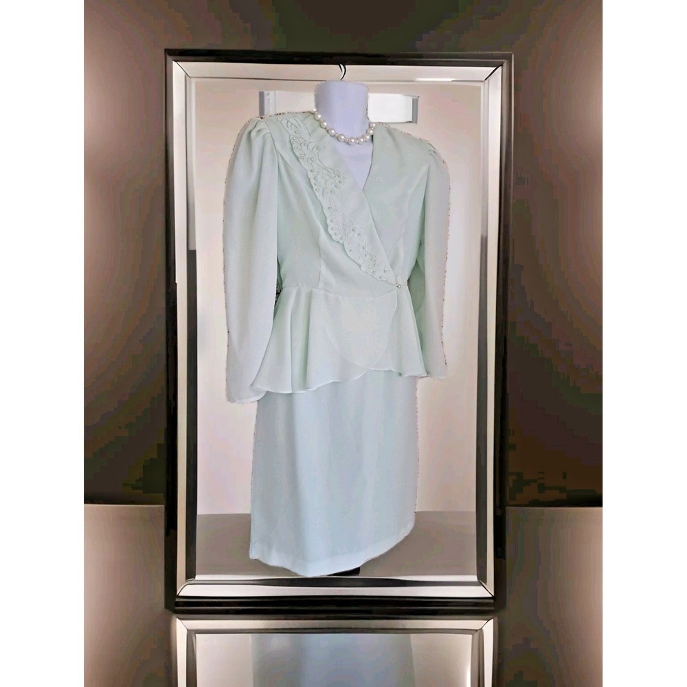 Women's Mint Green 2 piece Formal Outfit‎ 14 Jacket & Skirt Peplum Elastic Waist